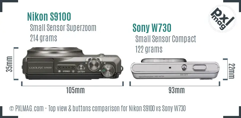 Nikon S9100 vs Sony W730 top view buttons comparison