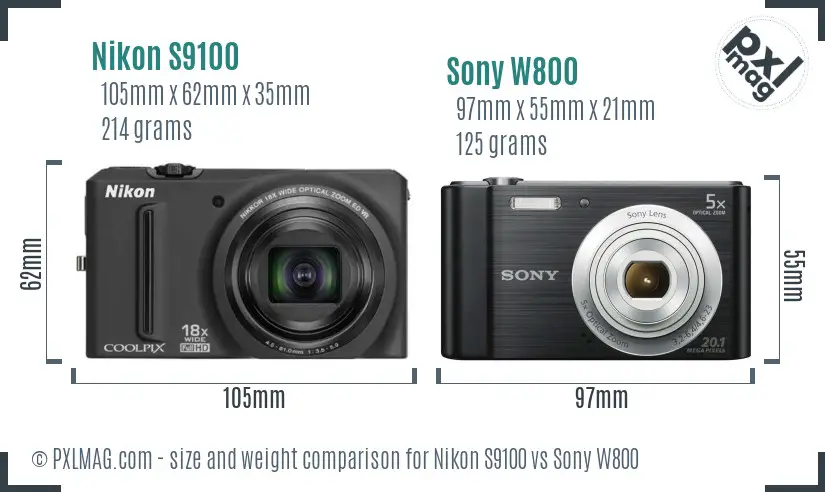 Nikon S9100 vs Sony W800 size comparison