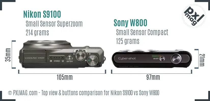 Nikon S9100 vs Sony W800 top view buttons comparison