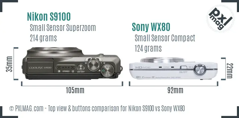 Nikon S9100 vs Sony WX80 top view buttons comparison Nikon S9100 vs Sony WX80 top view buttons comparison