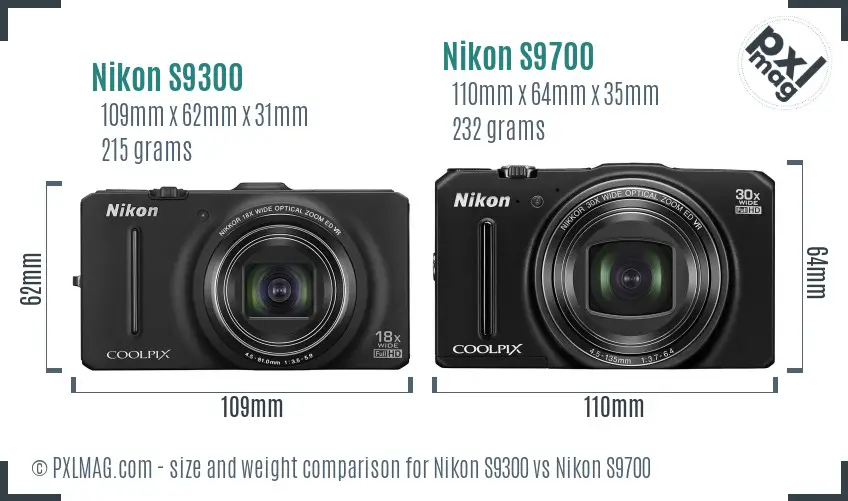 Nikon S9300 vs Nikon S9700 size comparison