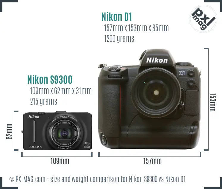 Nikon S9300 vs Nikon D1 size comparison
