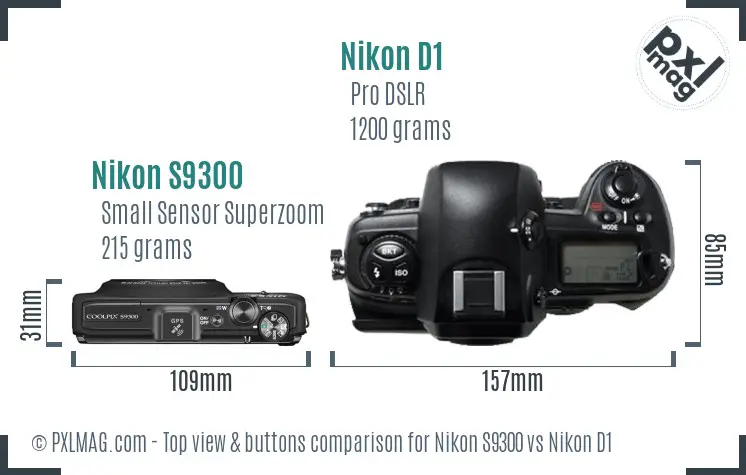Nikon S9300 vs Nikon D1 top view buttons comparison
