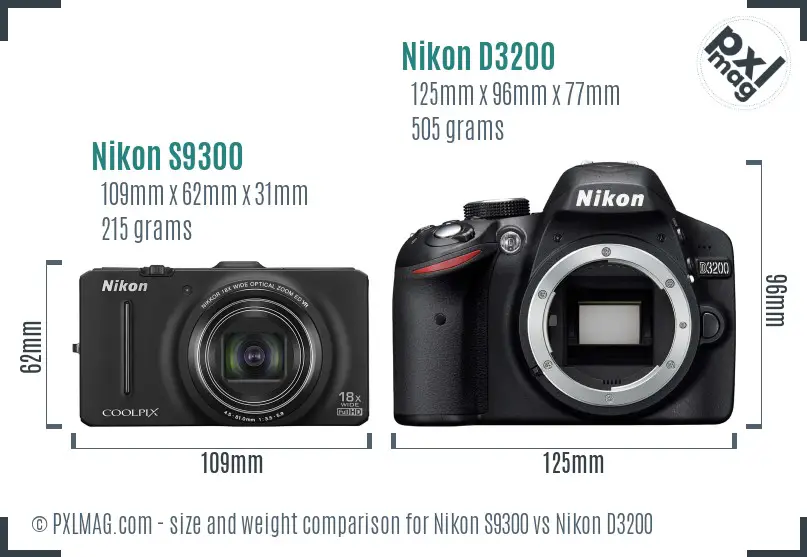 Nikon S9300 vs Nikon D3200 size comparison
