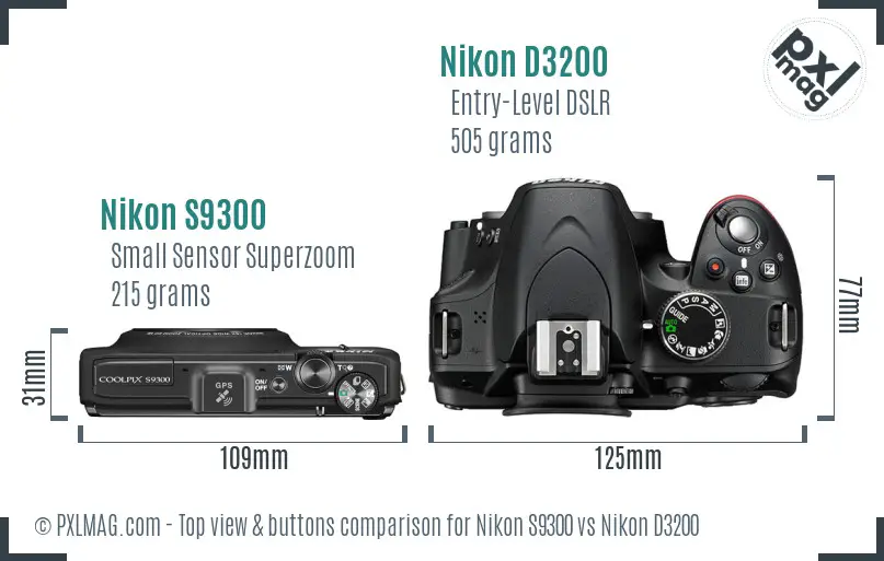 Nikon S9300 vs Nikon D3200 top view buttons comparison