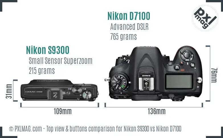 Nikon S9300 vs Nikon D7100 top view buttons comparison