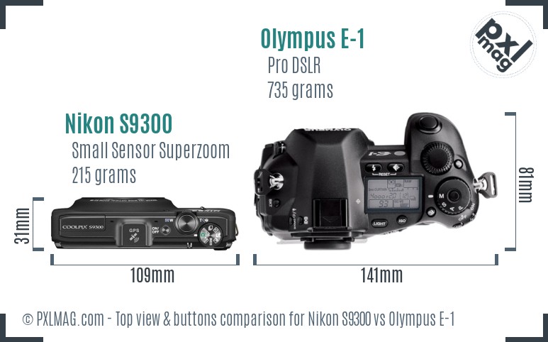 Nikon S9300 vs Olympus E-1 top view buttons comparison