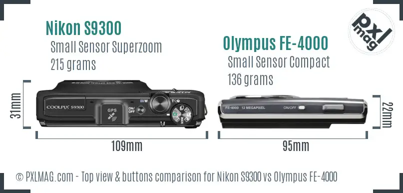 Nikon S9300 vs Olympus FE-4000 top view buttons comparison