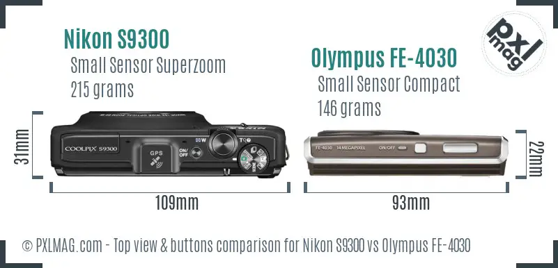 Nikon S9300 vs Olympus FE-4030 top view buttons comparison