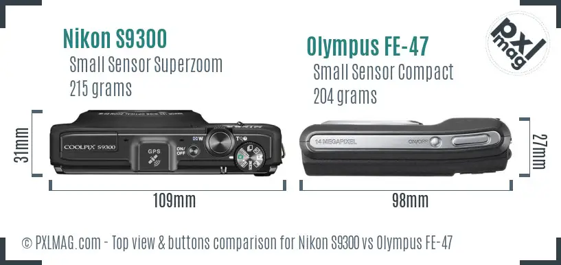 Nikon S9300 vs Olympus FE-47 top view buttons comparison