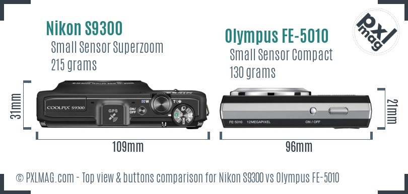 Nikon S9300 vs Olympus FE-5010 top view buttons comparison