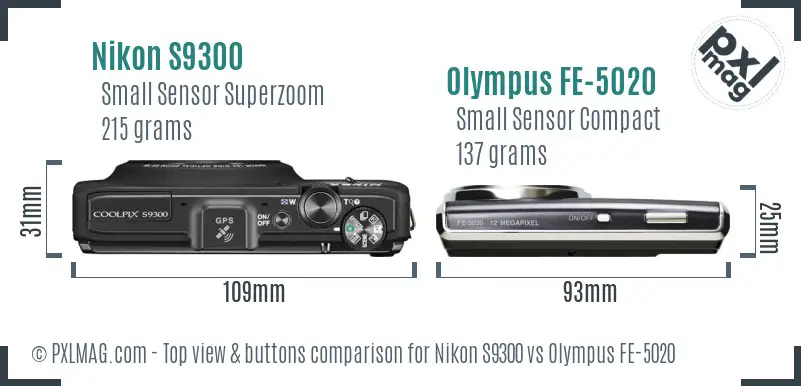 Nikon S9300 vs Olympus FE-5020 top view buttons comparison