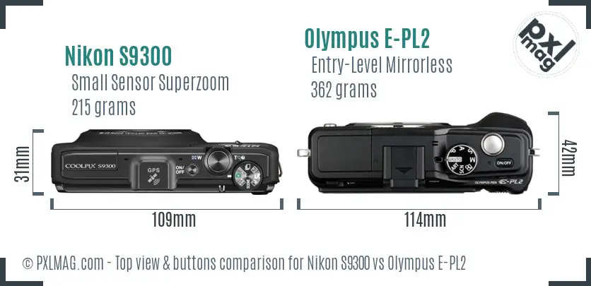 Nikon S9300 vs Olympus E-PL2 top view buttons comparison