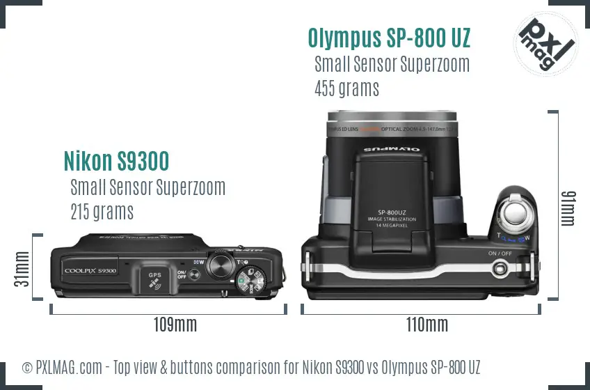 Nikon S9300 vs Olympus SP-800 UZ top view buttons comparison