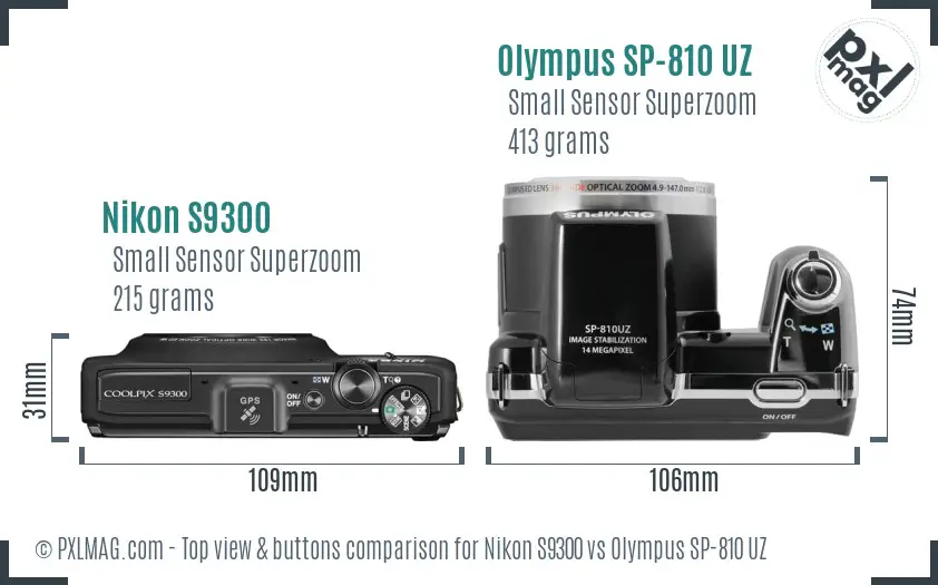 Nikon S9300 vs Olympus SP-810 UZ top view buttons comparison Nikon S9300 vs Olympus SP-810 UZ top view buttons comparison