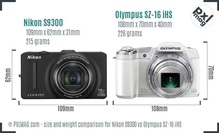 Nikon S9300 vs Olympus SZ-16 iHS size comparison