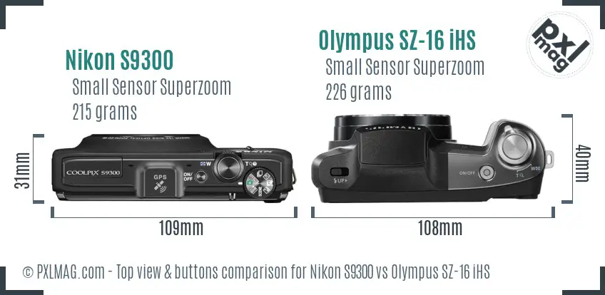 Nikon S9300 vs Olympus SZ-16 iHS top view buttons comparison