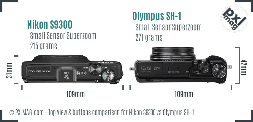 Nikon S9300 vs Olympus SH-1 top view buttons comparison