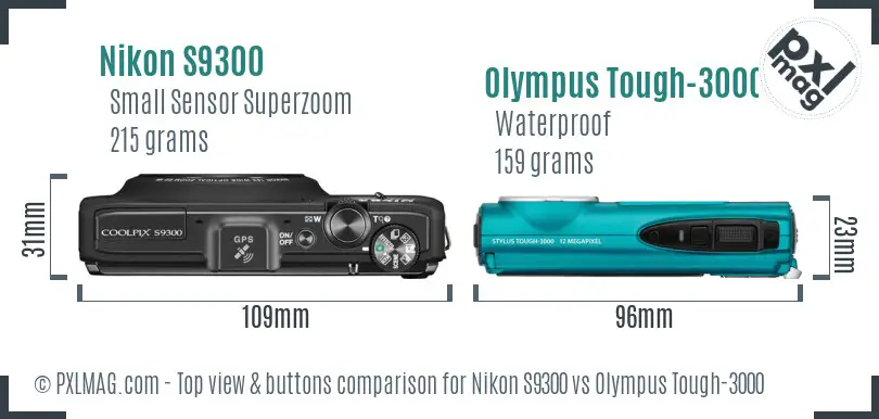Nikon S9300 vs Olympus Tough-3000 top view buttons comparison Nikon S9300 vs Olympus Tough-3000 top view buttons comparison