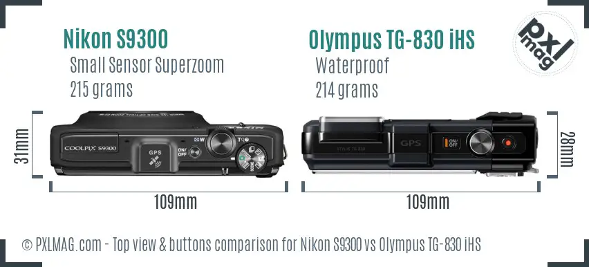 Nikon S9300 vs Olympus TG-830 iHS top view buttons comparison Nikon S9300 vs Olympus TG-830 iHS top view buttons comparison