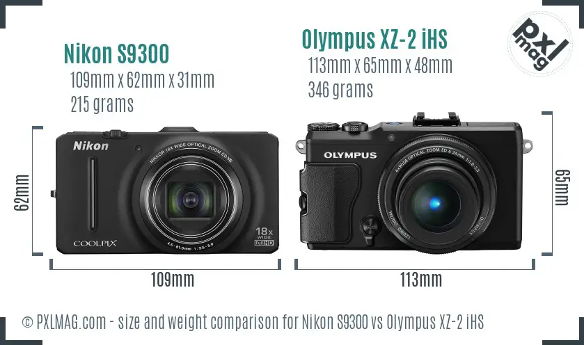 Nikon S9300 vs Olympus XZ-2 iHS size comparison