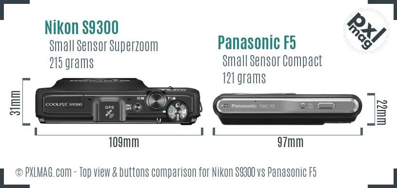 Nikon S9300 vs Panasonic F5 top view buttons comparison