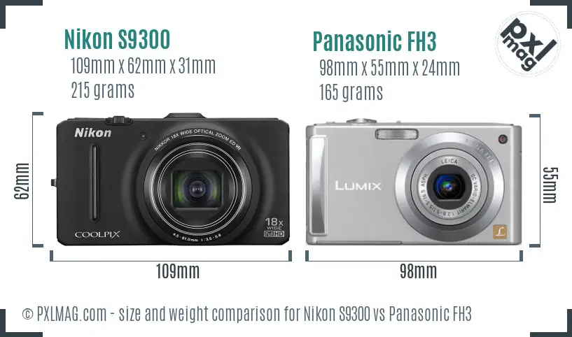 Nikon S9300 vs Panasonic FH3 size comparison