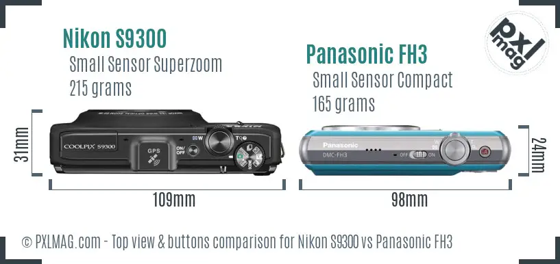 Nikon S9300 vs Panasonic FH3 top view buttons comparison