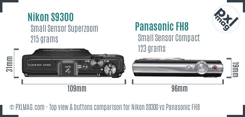 Nikon S9300 vs Panasonic FH8 top view buttons comparison