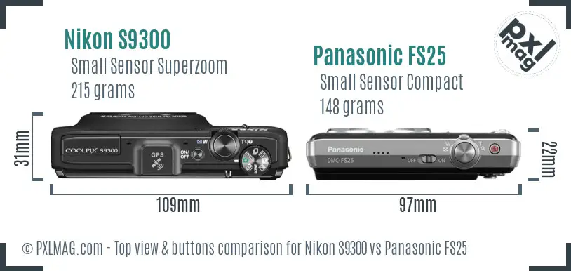Nikon S9300 vs Panasonic FS25 top view buttons comparison Nikon S9300 vs Panasonic FS25 top view buttons comparison