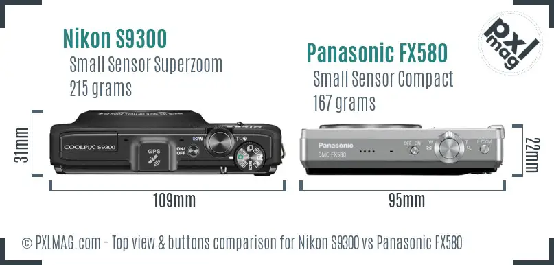 Nikon S9300 vs Panasonic FX580 top view buttons comparison