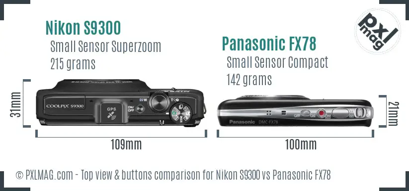 Nikon S9300 vs Panasonic FX78 top view buttons comparison