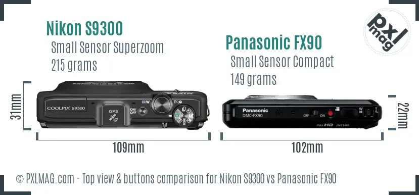 Nikon S9300 vs Panasonic FX90 top view buttons comparison