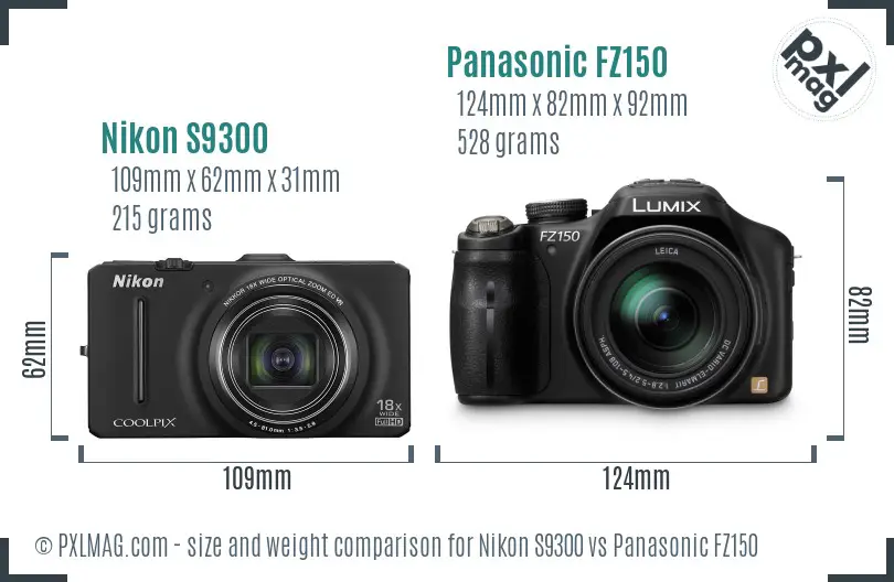 Nikon S9300 vs Panasonic FZ150 size comparison Nikon S9300 vs Panasonic FZ150 size comparison
