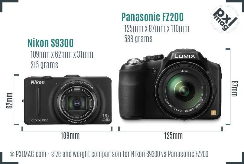 Nikon S9300 vs Panasonic FZ200 size comparison