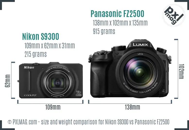 Nikon S9300 vs Panasonic FZ2500 size comparison