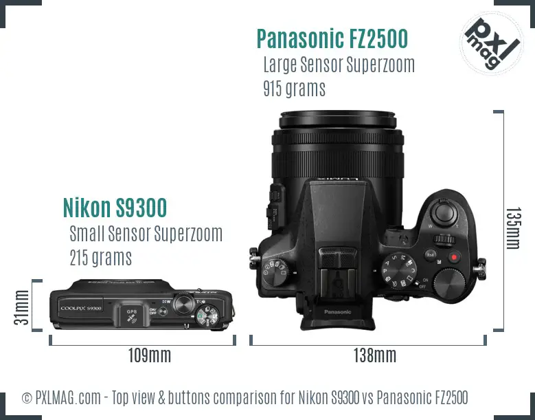 Nikon S9300 vs Panasonic FZ2500 top view buttons comparison