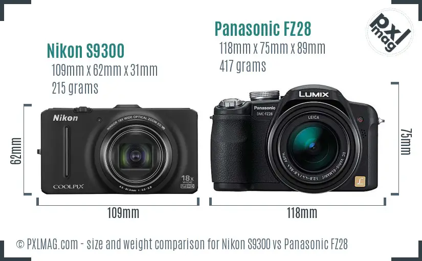 Nikon S9300 vs Panasonic FZ28 size comparison