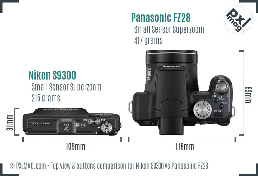 Nikon S9300 vs Panasonic FZ28 top view buttons comparison