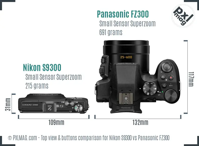 Nikon S9300 vs Panasonic FZ300 top view buttons comparison