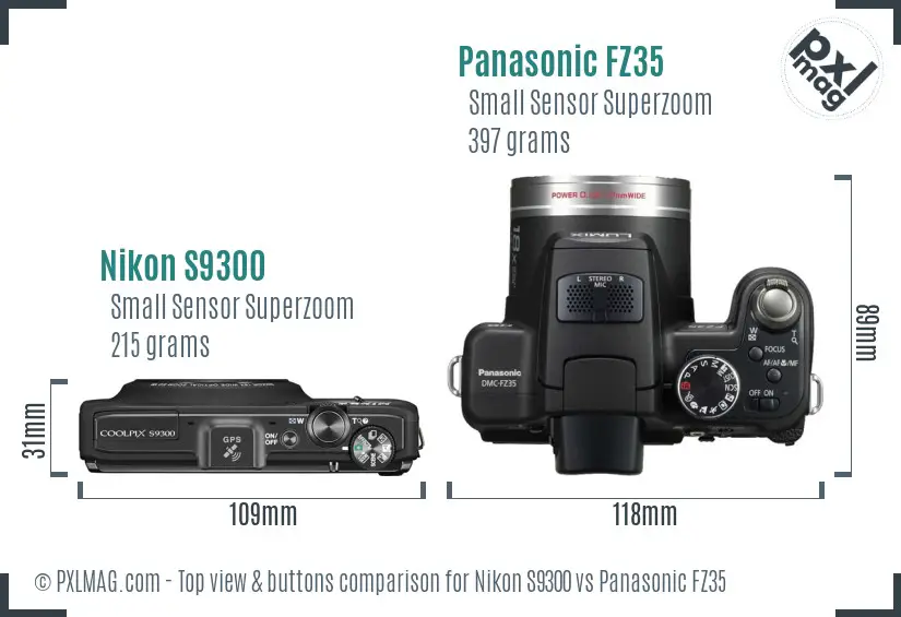 Nikon S9300 vs Panasonic FZ35 top view buttons comparison