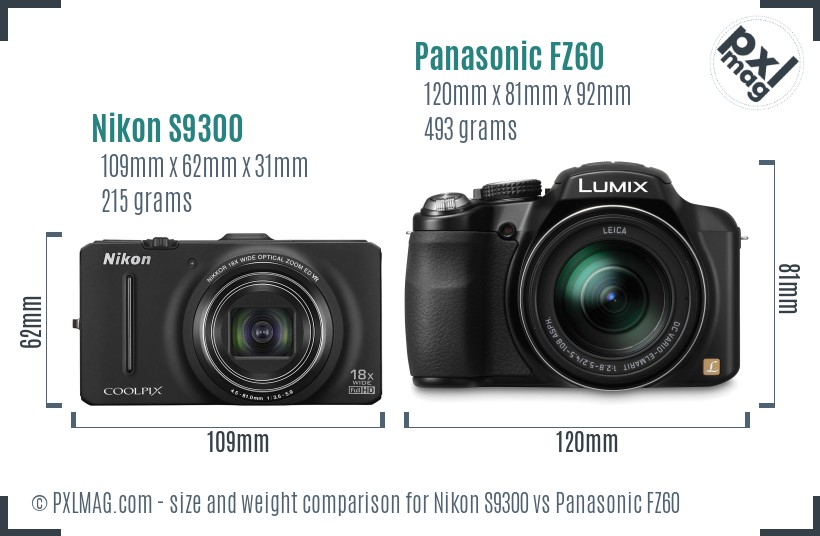 Nikon S9300 vs Panasonic FZ60 size comparison