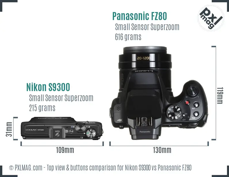 Nikon S9300 vs Panasonic FZ80 top view buttons comparison