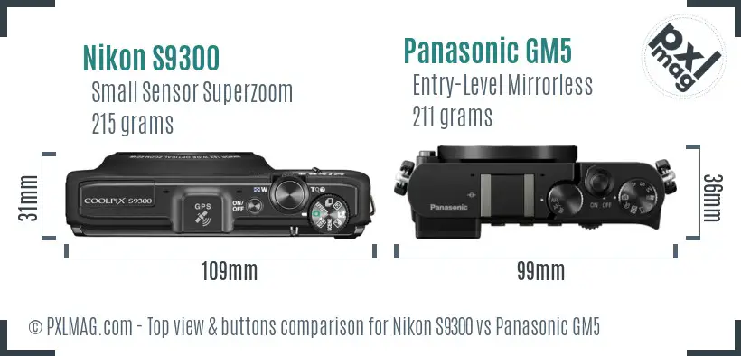 Nikon S9300 vs Panasonic GM5 top view buttons comparison