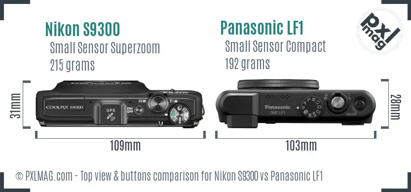 Nikon S9300 vs Panasonic LF1 top view buttons comparison
