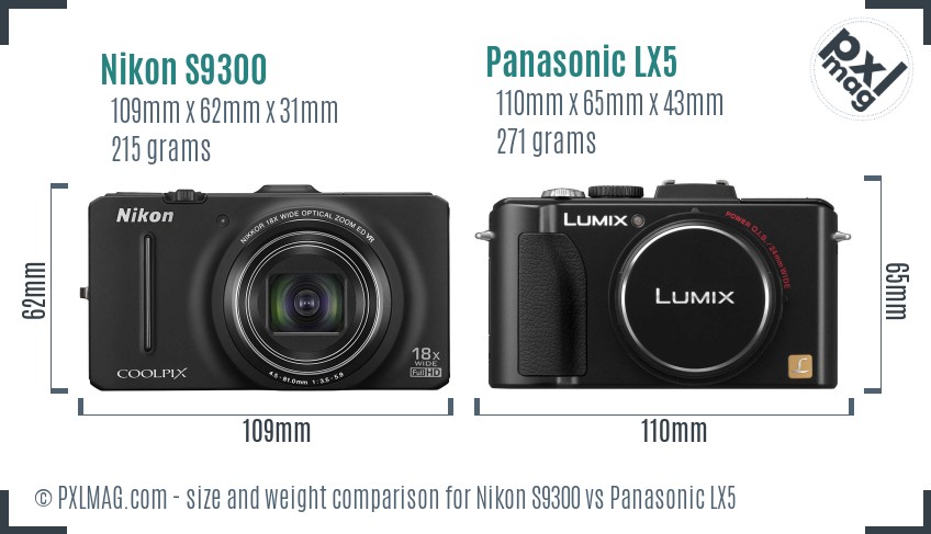 Nikon S9300 vs Panasonic LX5 size comparison
