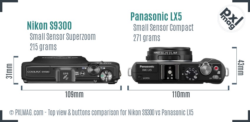 Nikon S9300 vs Panasonic LX5 top view buttons comparison