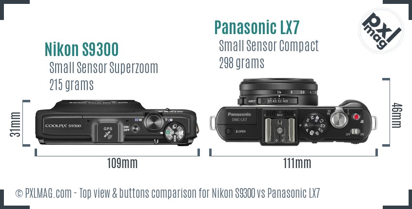 Nikon S9300 vs Panasonic LX7 top view buttons comparison
