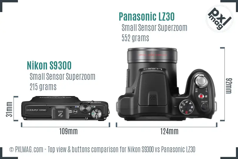 Nikon S9300 vs Panasonic LZ30 top view buttons comparison Nikon S9300 vs Panasonic LZ30 top view buttons comparison