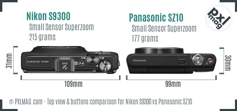 Nikon S9300 vs Panasonic SZ10 top view buttons comparison Nikon S9300 vs Panasonic SZ10 top view buttons comparison